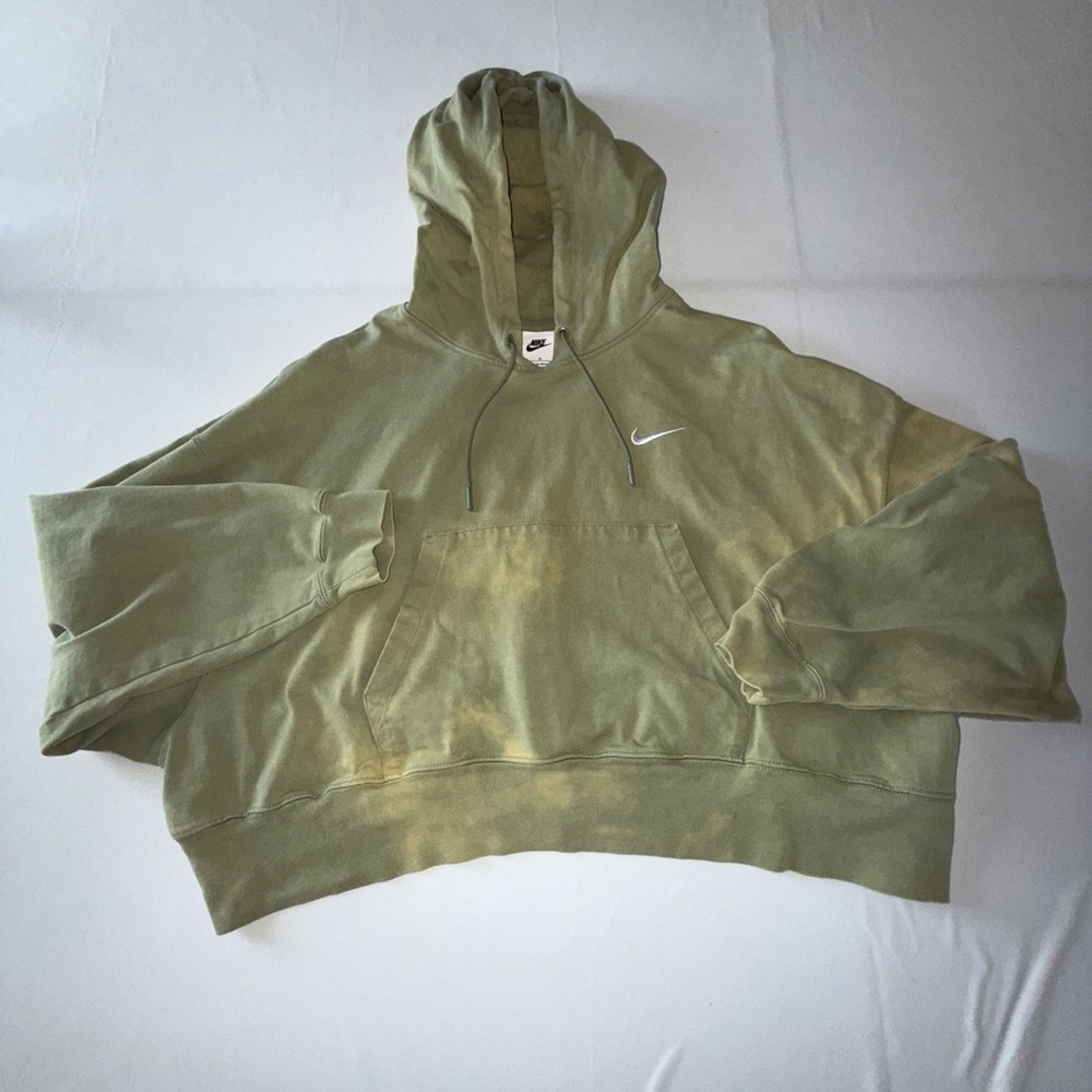 Nike Women's Bleached Pullover Crop Top Hoodie Green‎ Medium Front Pocket